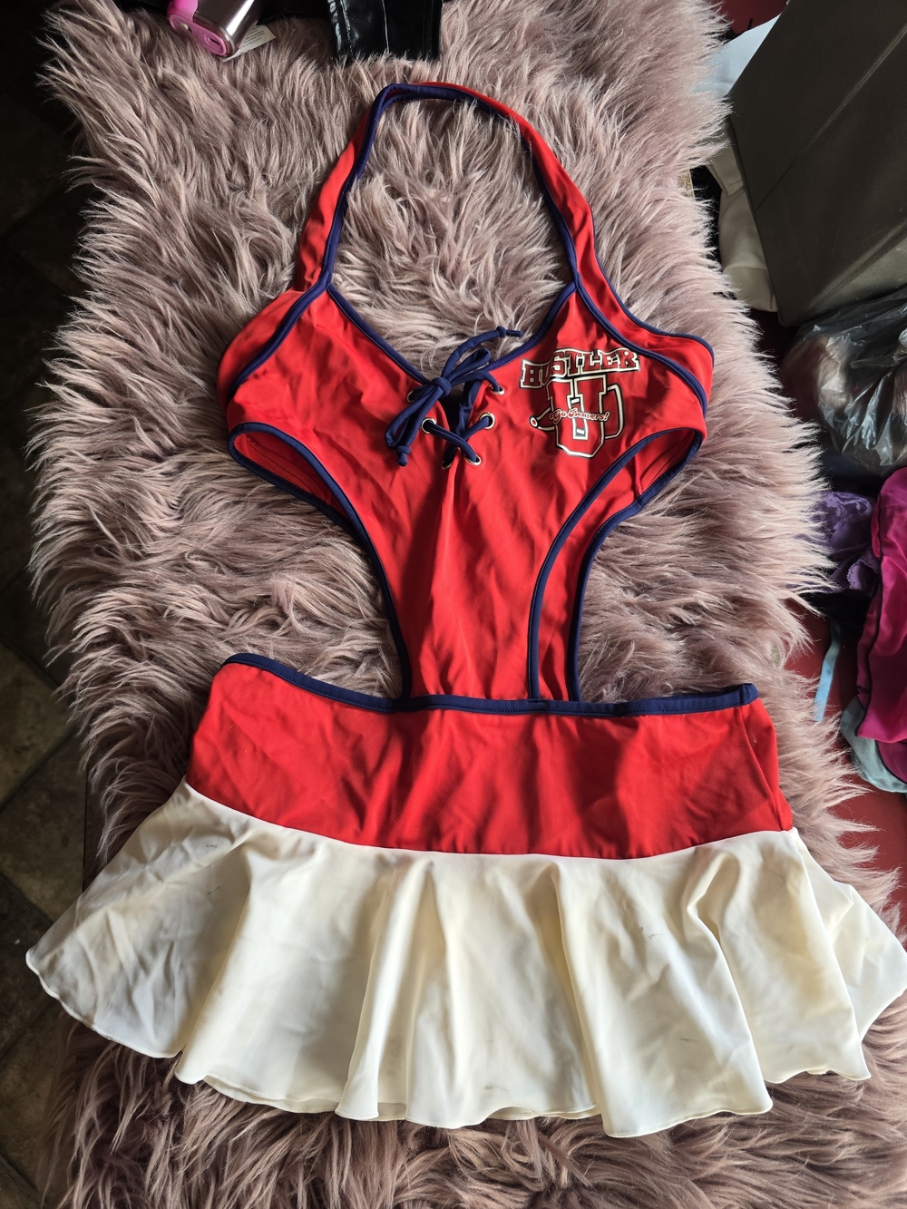 Hustler Hollywood Red Swim Dress with White Skirt and Navy Trim